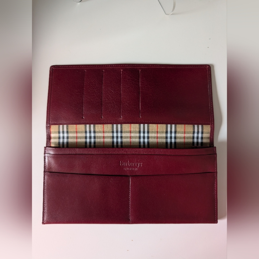 Vintage Burberrys Burberry Dark Red Leather Plaid Long Wallet